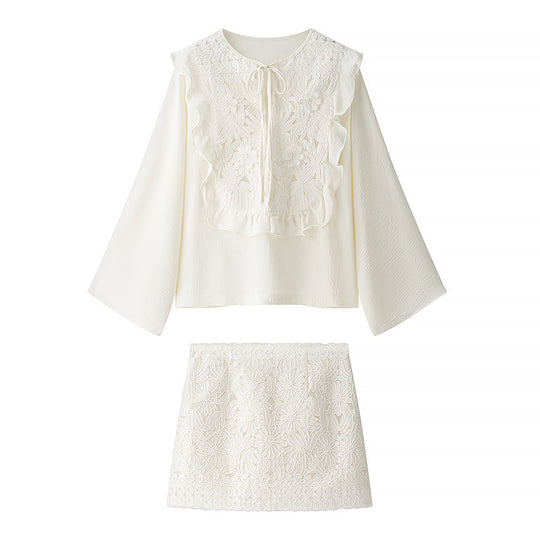 Damen Bestickte Volantbluse mit weitem Trompetenärmel und Bindekragen Shop Nory
