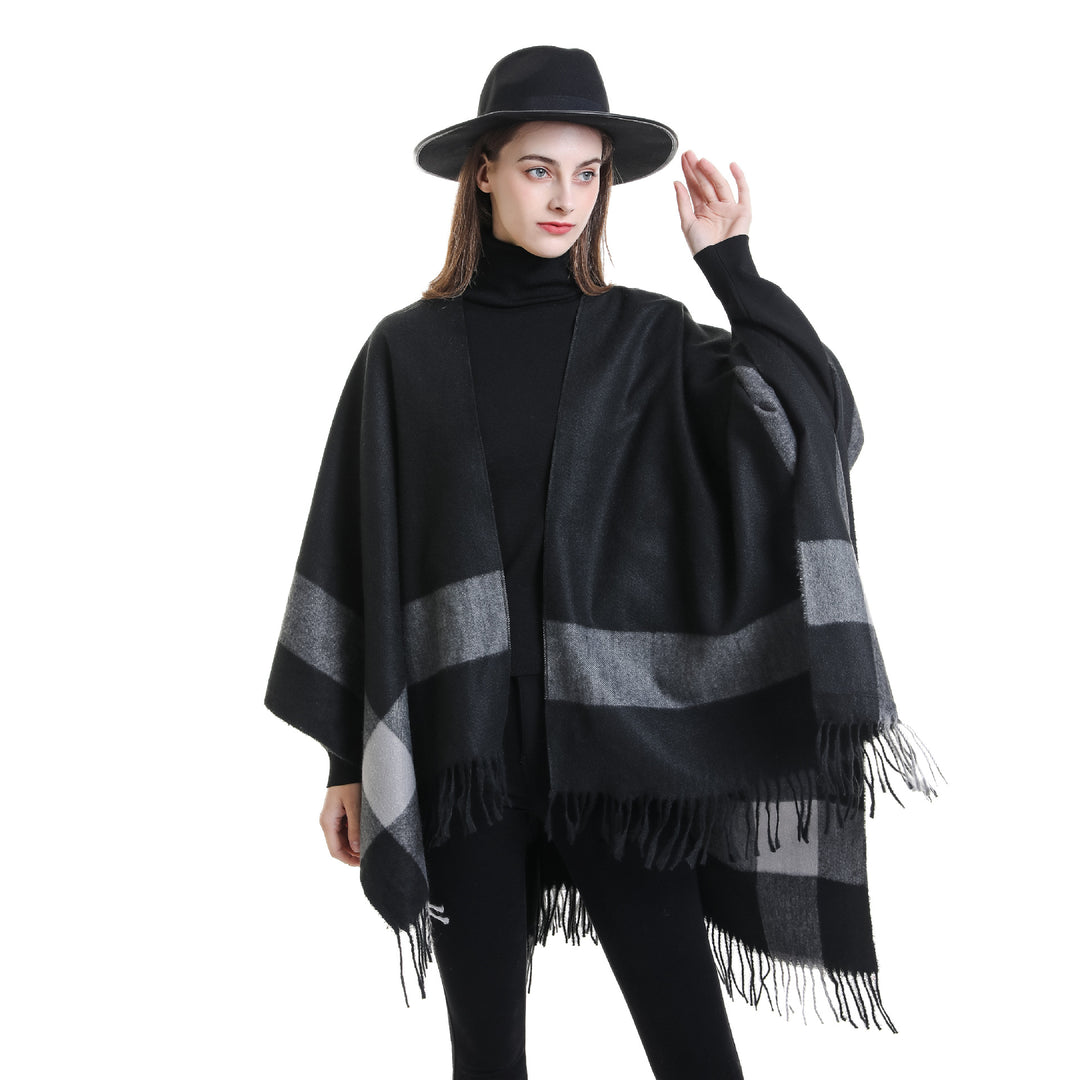 Damen Wollmix‑Schulterponcho mit Fransensaum und kontrastierenden Blockstreifen Shop Nory