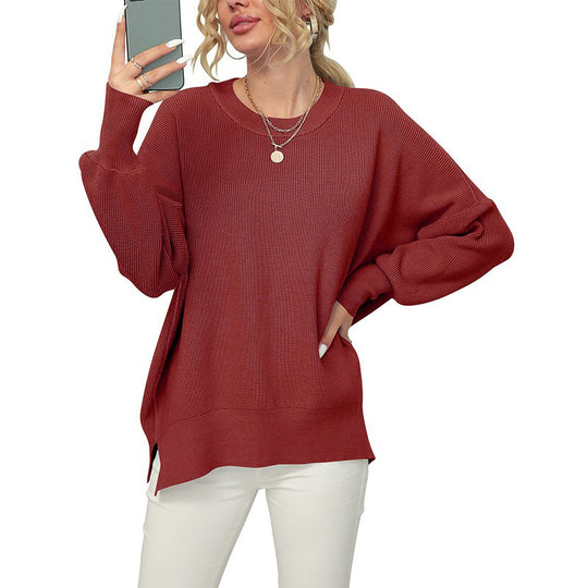 Damen Oversize-Feinstrickpullover mit Rundhalsausschnitt, überschnittener Schulter und Seitenschlitzen Shop Nory