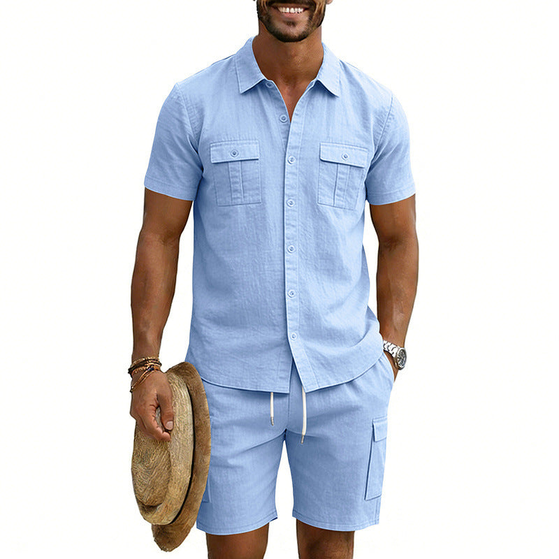 Herren nan sommerliches Freizeitset aus Baumwoll-Leinenmix mit Kurzarm-Hemd und Cargo-Shorts