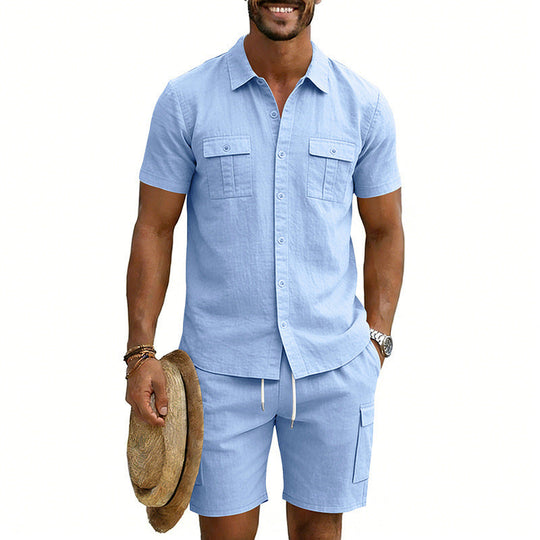 Herren nan sommerliches Freizeitset aus Baumwoll-Leinenmix mit Kurzarm-Hemd und Cargo-Shorts