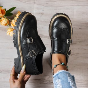 Damen Brogue-Monk-Slipper mit doppeltem Schnallenverschluss, gesteppter Kante und grober Profilsohle Shop Nory