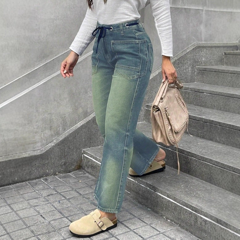 Damen Hochtaillierte Jeans mit geradem Bein, Tunnelzugbund und aufgesetzten Taschen Shop Nory