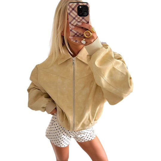 Damen Kurz geschnittener Oversize-Bomber in Veloursleder-Optik mit durchgehendem Reißverschluss & Rippbündchen Shop Nory