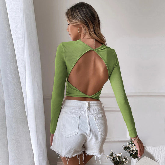 Damen eng anliegendes geripptes Cropped-Longsleeve mit Rundhals Shop Nory