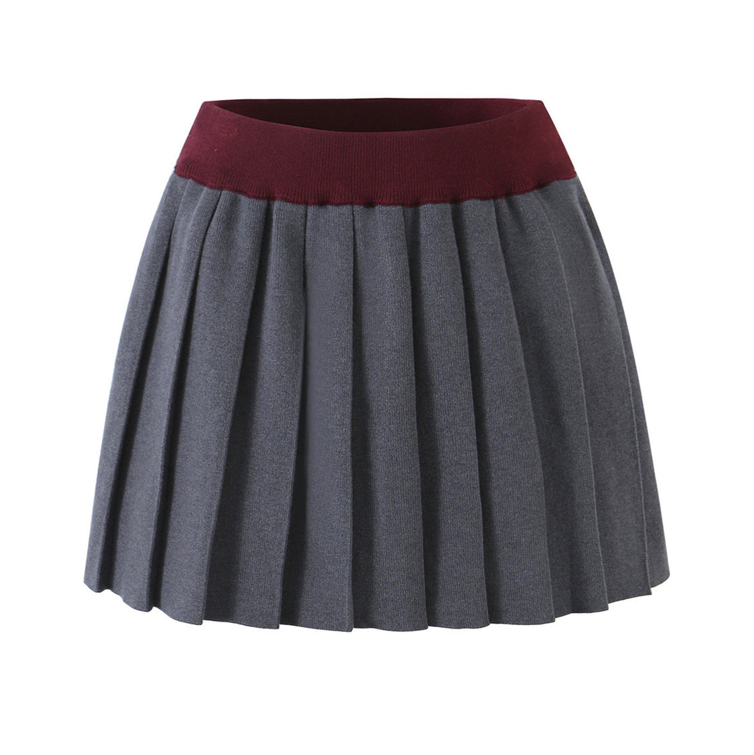 Damen Zweiteiliges Feinstrick-Set mit V-Ausschnitt, kontrastierendem Kragen und plissiertem Minirock Shop Nory