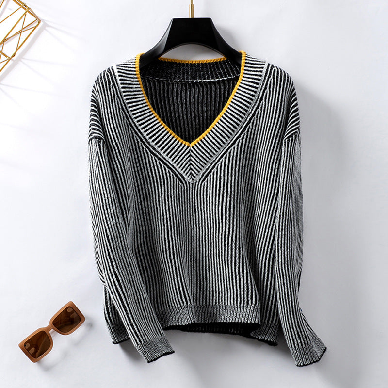 Damen Strickpullover mit V-Ausschnitt und gestreiftem Design Shopnory