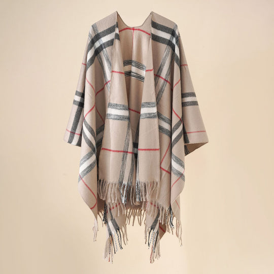 Damen Weit geschnittener Karierter Poncho mit Fransen und V‑Ausschnitt Shop Nory