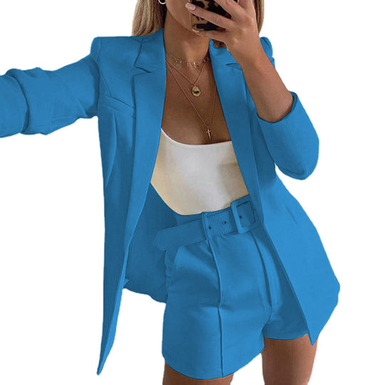 Damen Zweiteiliges maßgeschneidertes Blazer‑Set mit hochtaillierten Shorts und Gürtel Shop Nory