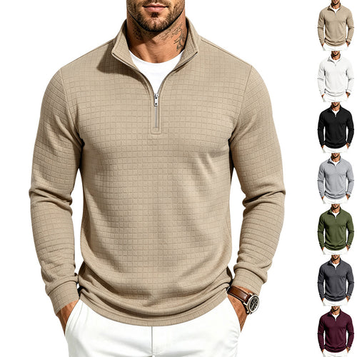 Herren Slim-Fit Pullover mit halbem Reißverschluss und geprägter Quadratstruktur Shop Nory