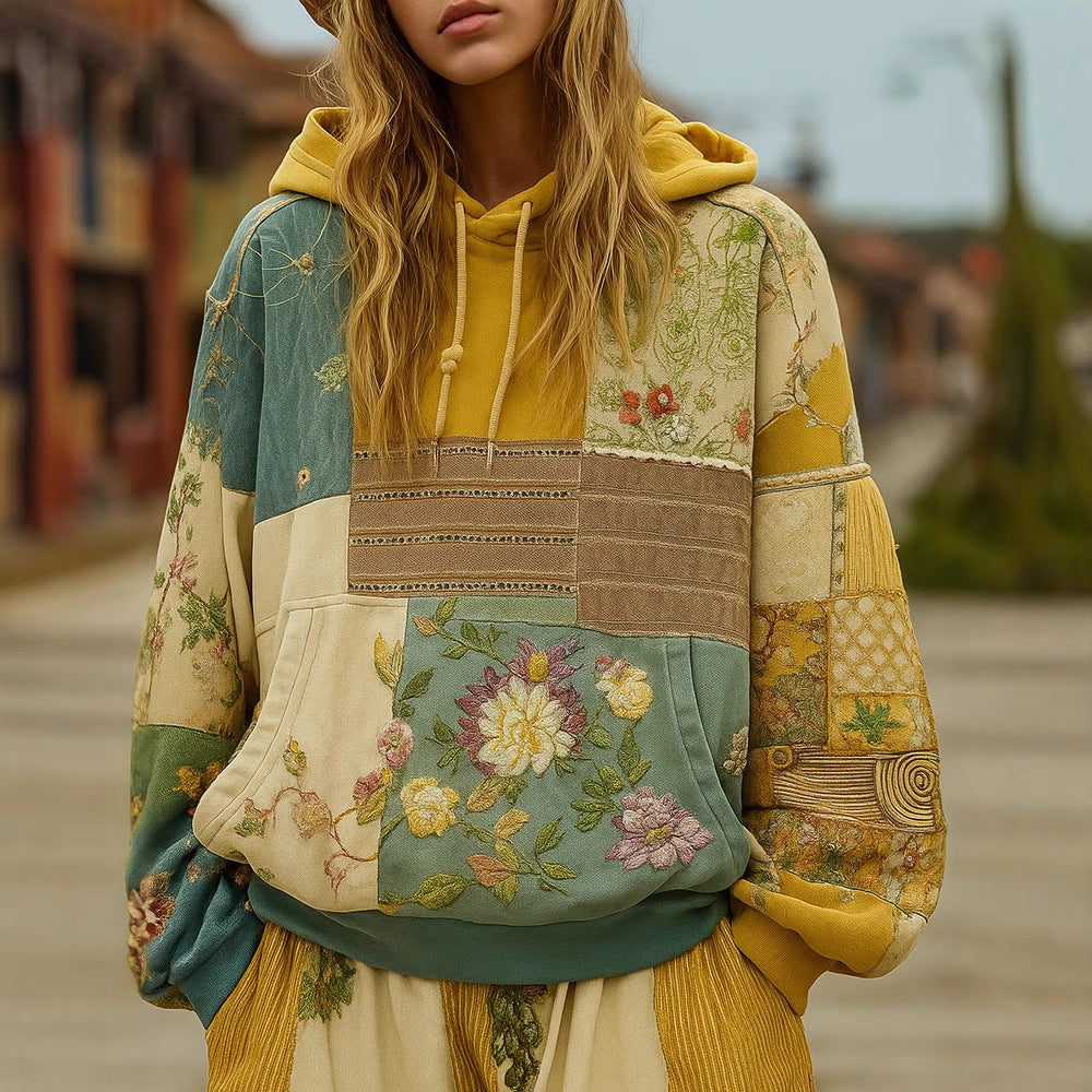 Damen Bestickter Patchwork-Kapuzenpullover mit Blumenapplikation und Kängurutasche Shop Nory
