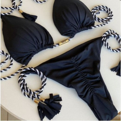 Damen Triangel-Bikini mit modischem Leopardenmuster und dekorativen Quasten