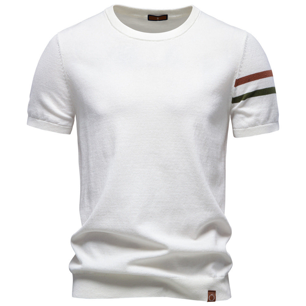 Herren nan feines Baumwollstrickshirt mit Rundhalsausschnitt kurzärmelig und kontrastierenden Ärmelstreifen Shopnory