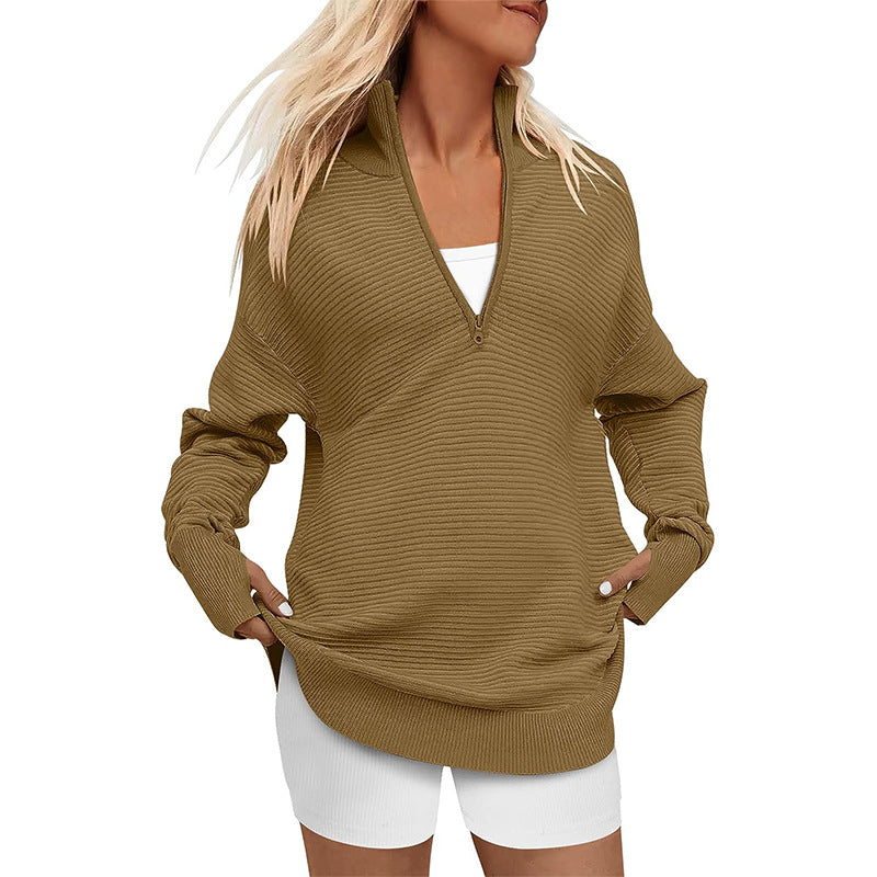Damen Oversize-Feinstrickpullover mit halbem Reißverschluss, Stehkrragen und Daumenloch-Ärmeln Shop Nory