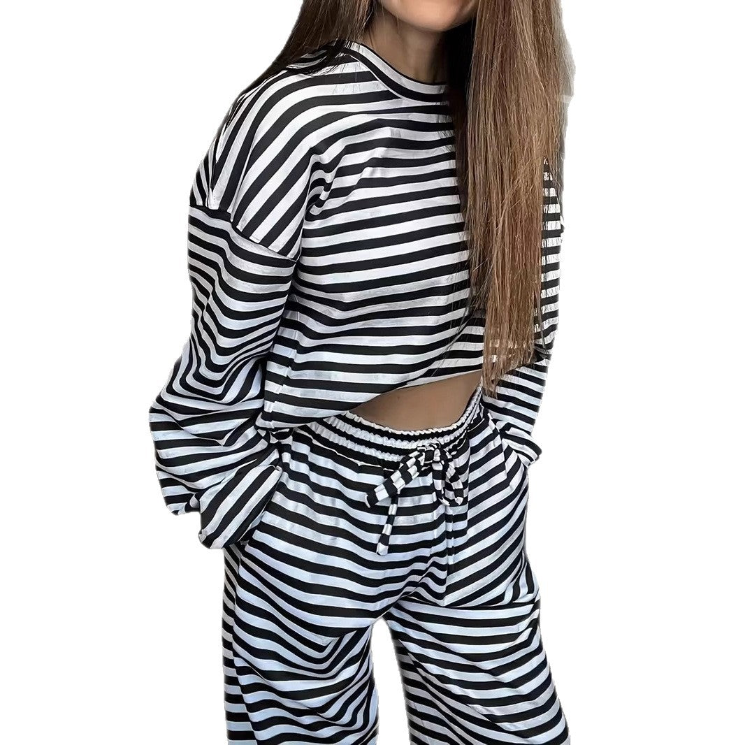 Damen Gestreiftes Lounge-Set aus weichem Baumwoll-Mix mit weitem Bein Shop Nory