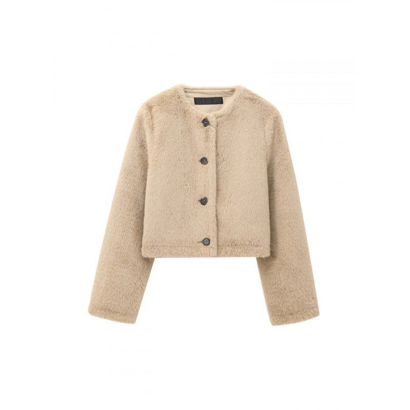 Damen Cropped Teddy‑Jacke mit geradem Saum, Rundhals und Hornknopfverschluss Shop Nory