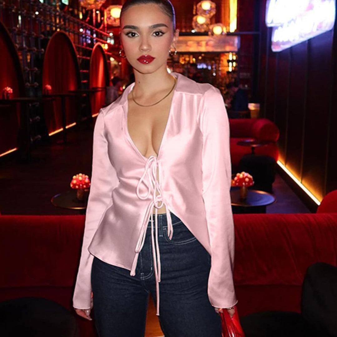 Damen Bluse mit tiefem V-Ausschnitt und Bindebändern taillierter Schnitt ausgestellte Ärmel Shop Nory