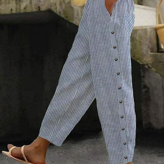 Damen Culotte-Hosen mit hohem elastischem Bund, seitlichem Knopfverschluss und Taschen Shop Nory