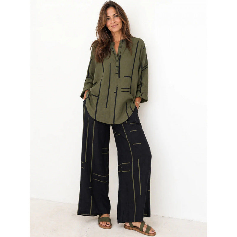 Damen Oversize-Tunika und weite Palazzohose mit grafischem Streifenprint und Henley-Kragen Shop Nory