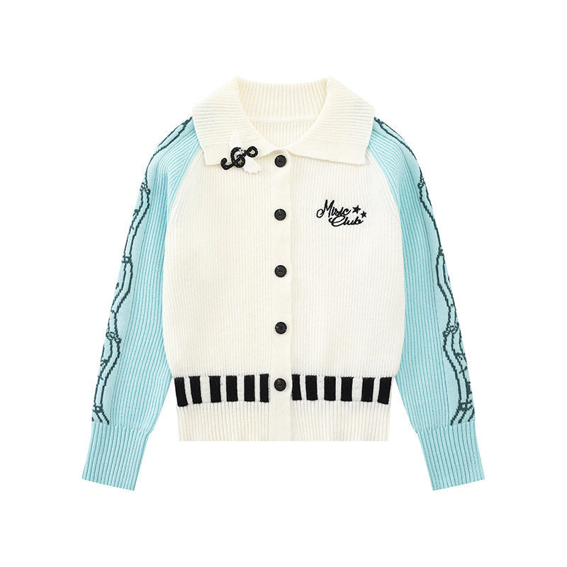 Damen Strickjacke mit Kontrastärmeln, Musikalischer Stickerei und Polokragen Shop Nory