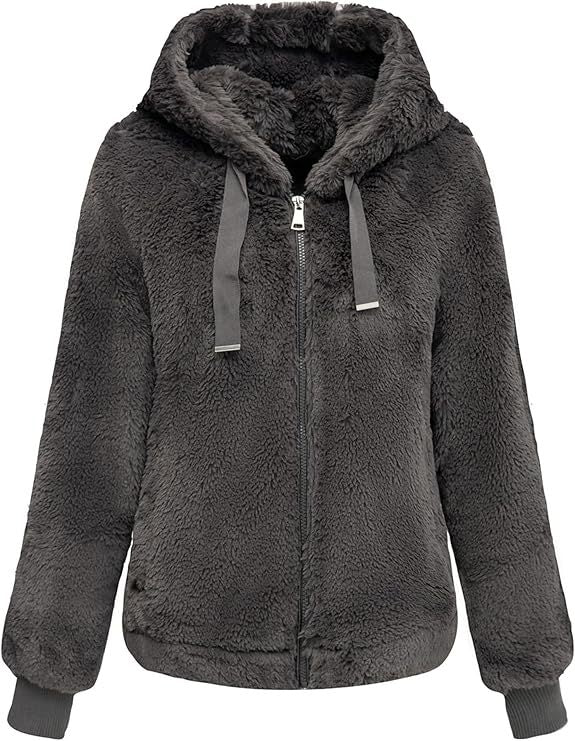 Damen Kapuzen‑Teddyjacke aus weichem Faux‑Fur mit Reißverschluss und Rippbündchen Shop Nory