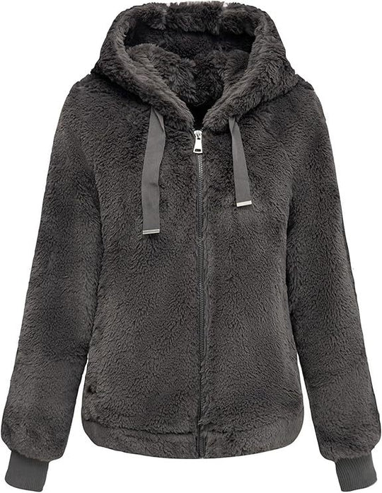 Damen Kapuzen‑Teddyjacke aus weichem Faux‑Fur mit Reißverschluss und Rippbündchen Shop Nory