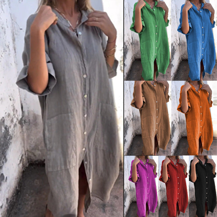 Lässiges Baumwoll-Leinen Shirtkleid mit Dreiviertelärmeln