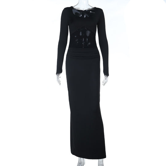 Damen Figurbetontes Maxikleid mit transparenten Mesh-Einsätzen und tailliertem Stretchrock Shop Nory