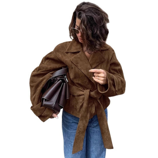 Damen Taillierte Wildleder‑Optik Kurzjacke mit Wickelgürtel und langen Manschetten Shop Nory