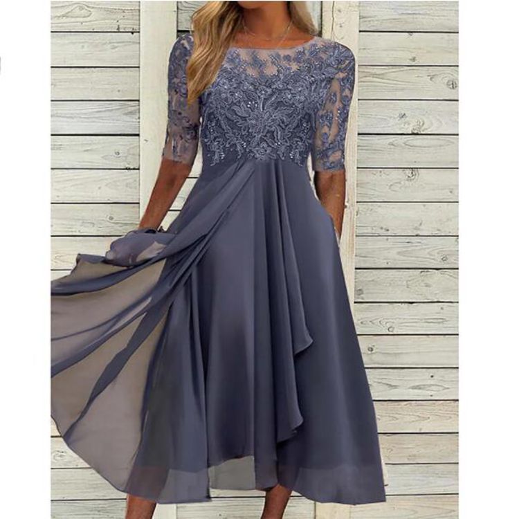 Damen nan V-Ausschnitt Chiffon-Midikleid mit besticktem Bustier, transparenten dreiviertel-Ärmeln und asymmetrischem Lagenrock