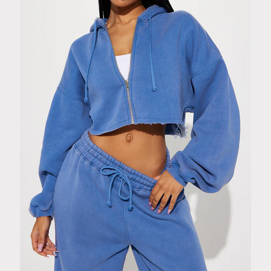 Damen gekürztes Reißverschluss-Kapuzenoberteil und hochtaillierte weite Fleece-Jogginghose Set Shop Nory