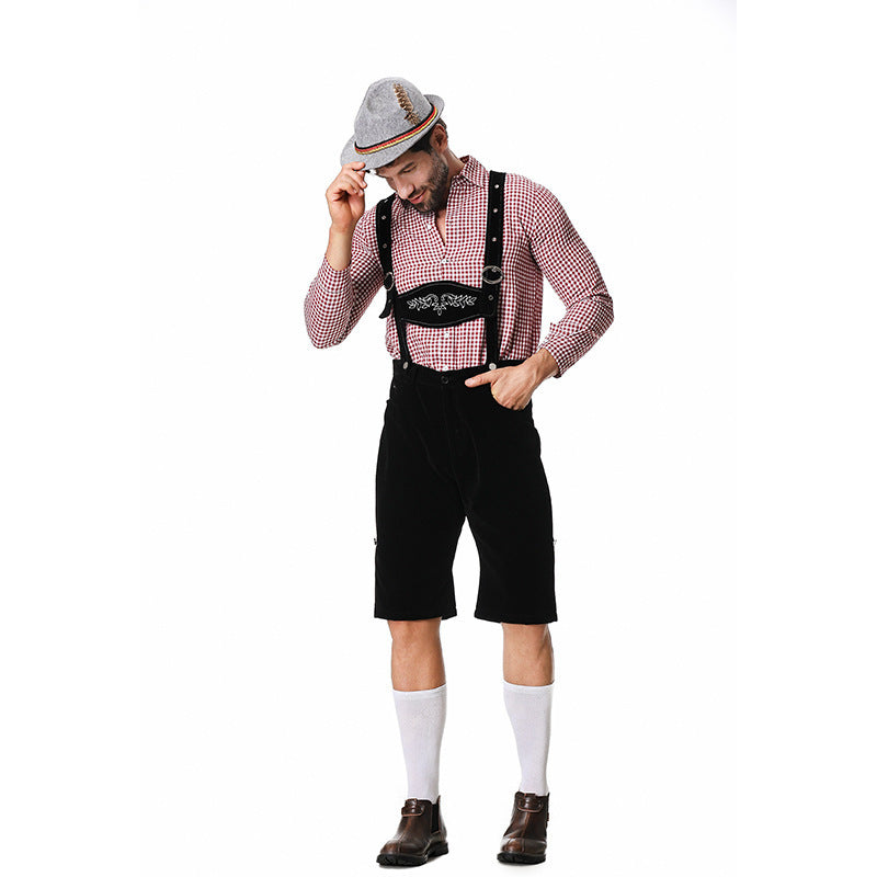 Herren nan kurze Trachtenlederhose in Veloursleder-Optik mit besticktem Brustlatz und verstellbaren Trägern Shop Nory