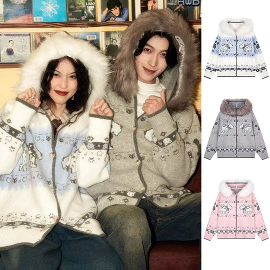 Damen Gemütliche Strickjacke mit Tiermuster und Pelzkragen Shop Nory
