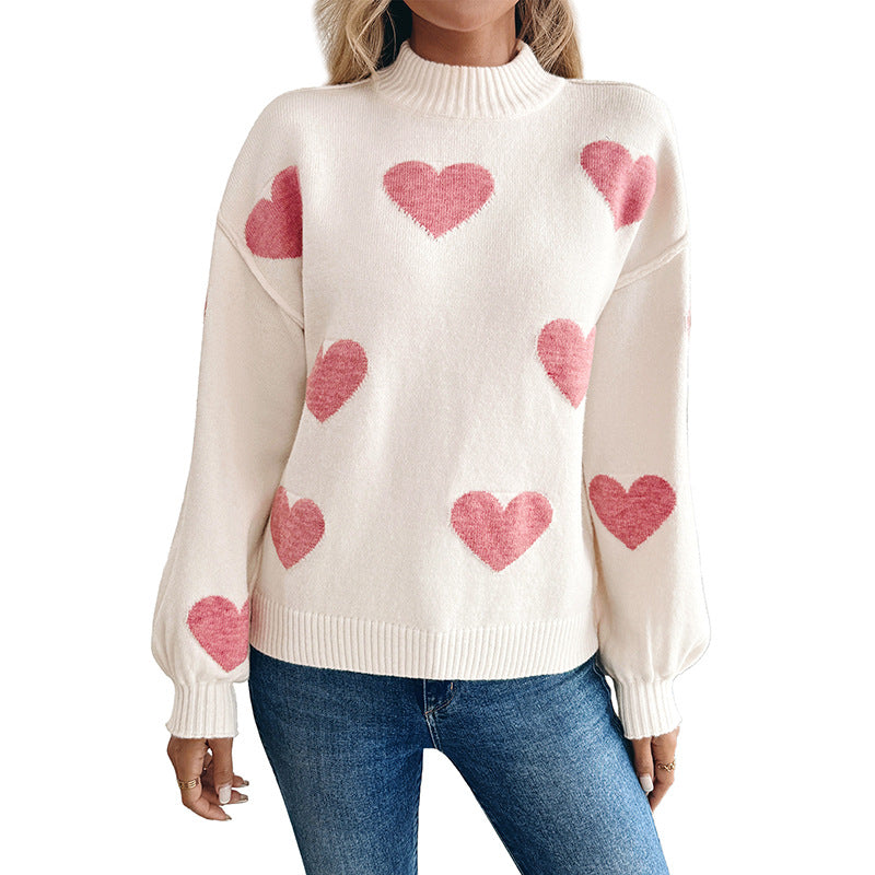 Damen Kuscheliger Strickpullover mit Herzjacquard und Stehkragen Shop Nory