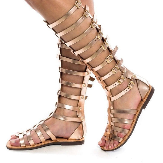 Damen kniehohe Gladiatorensandalen mit verstellbaren Riemen und flacher Lederlaufsohle Shop Nory