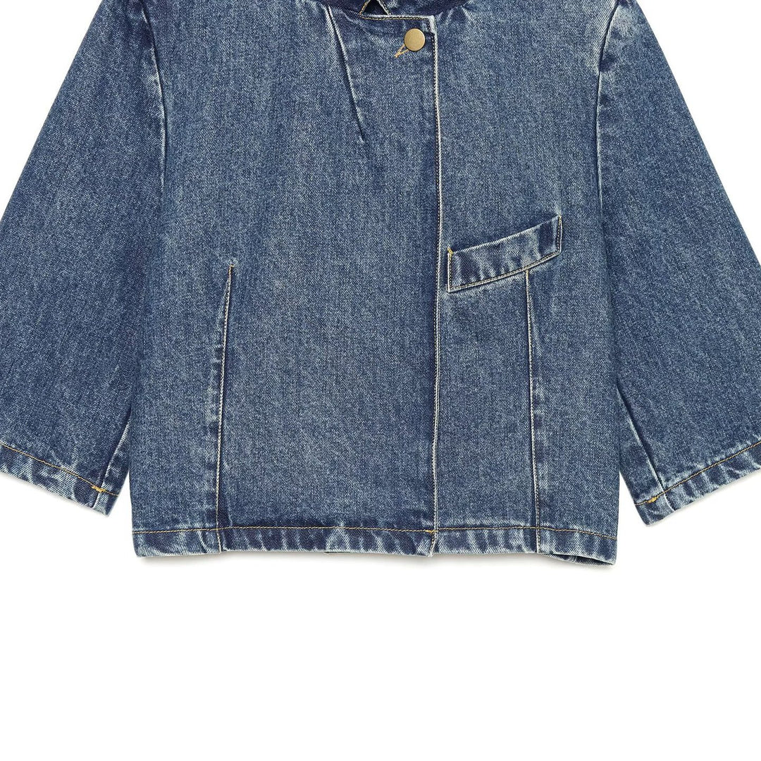 Damen Boxy Cropped Jeansjacke mit Stehkragen und dreiviertel Ärmeln Shop Nory