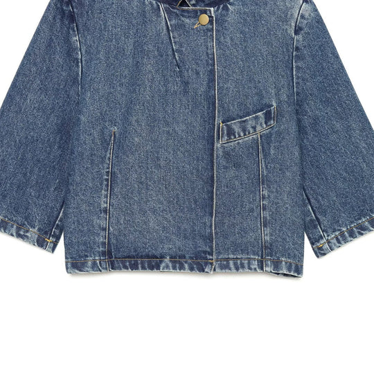 Damen Boxy Cropped Jeansjacke mit Stehkragen und dreiviertel Ärmeln Shop Nory