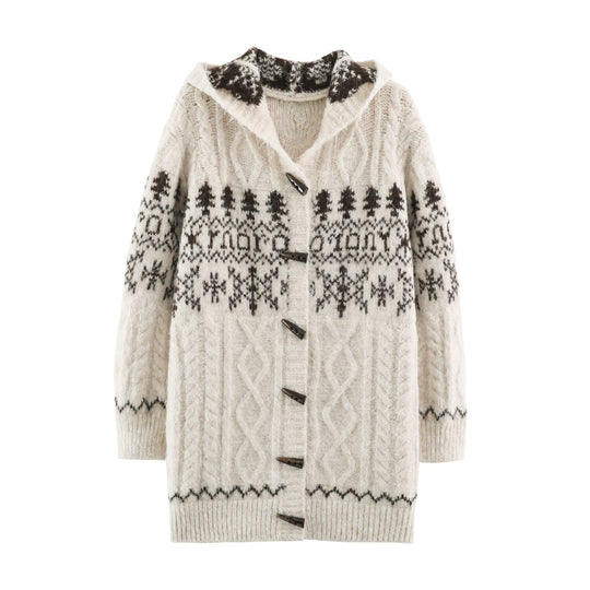 Damen Grobgestrickte Kapuzen‑Strickjacke mit Hornknöpfen und Norwegermuster Shop Nory