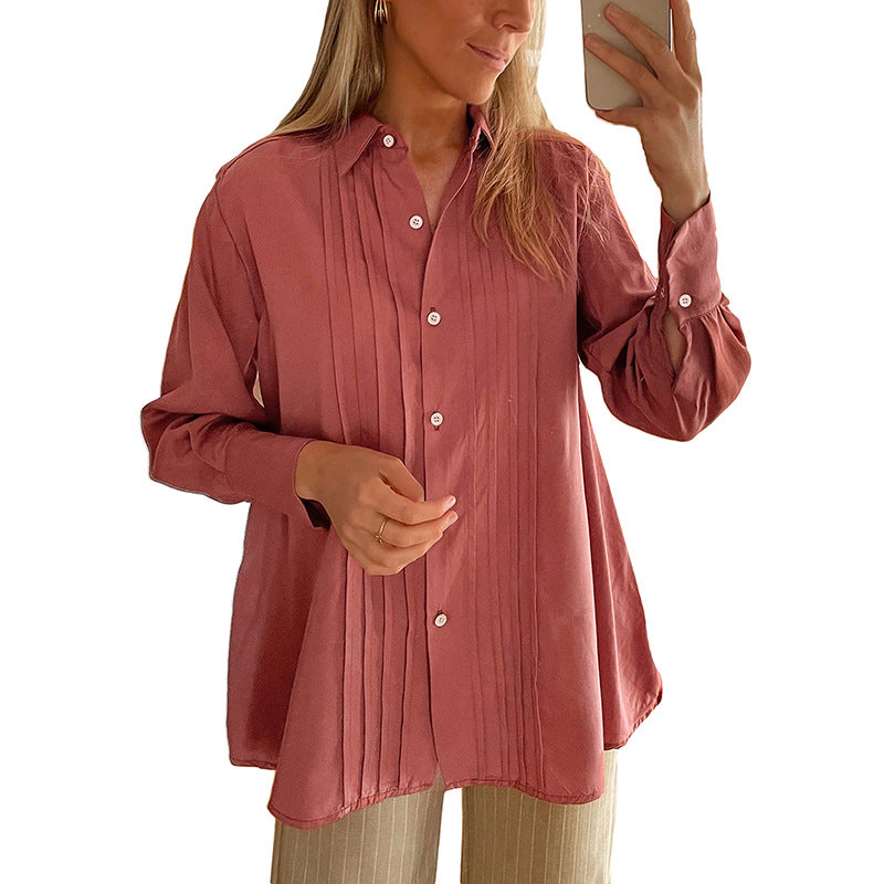 Damen Plissierte Tunika-Bluse mit Hemdkragen und lockerer A-Linien-Silhouette Shop Nory