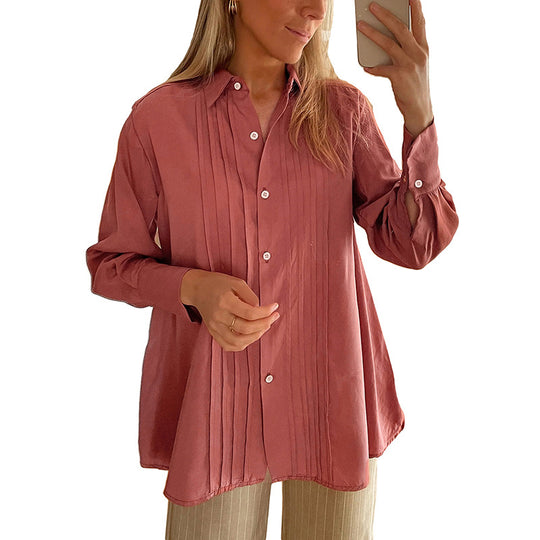 Damen Plissierte Tunika-Bluse mit Hemdkragen und lockerer A-Linien-Silhouette Shop Nory