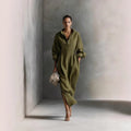 Damen stilvolles Midikleid mit Bindegürtel und klassischem Kragen