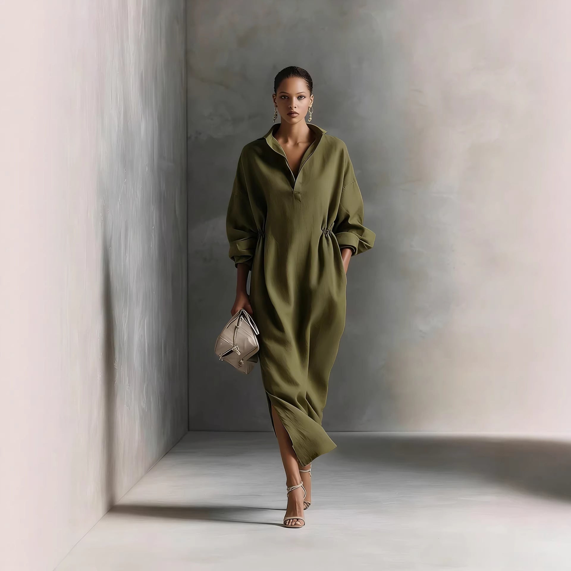 Damen stilvolles Midikleid mit Bindegürtel und klassischem Kragen
