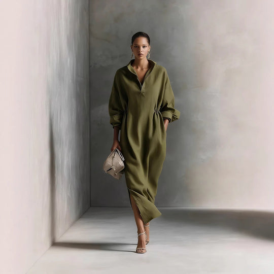 Damen stilvolles Midikleid mit Bindegürtel und klassischem Kragen
