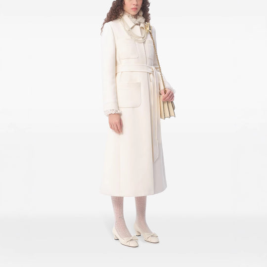 Damen langer taillierter Wollmantel mit Bindegürtel und Spitzenbesatz Shop Nory