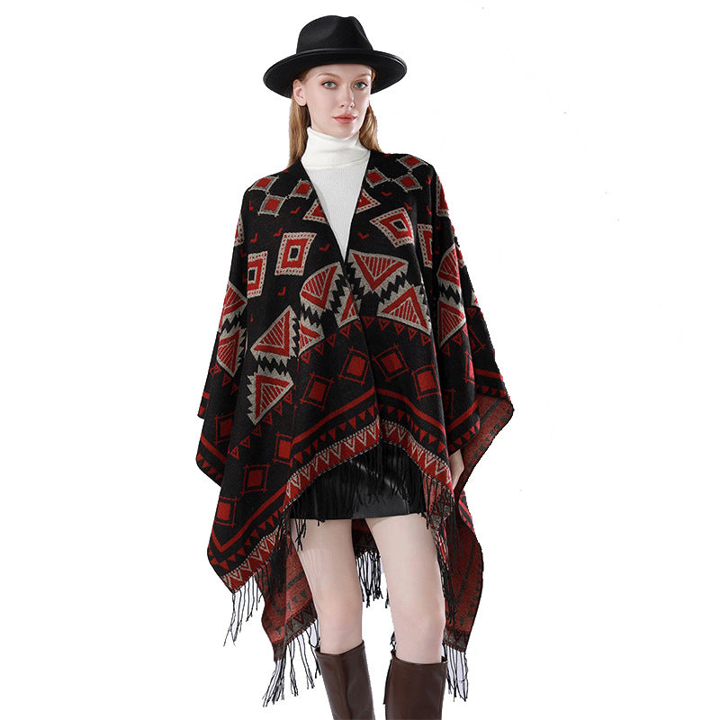 Damen Zweilagiger Kapuzen-Überwurf mit asymmetrischem Fransensaum und geometrischem Jacquard Shop Nory
