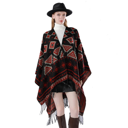 Damen Zweilagiger Kapuzen-Überwurf mit asymmetrischem Fransensaum und geometrischem Jacquard Shop Nory