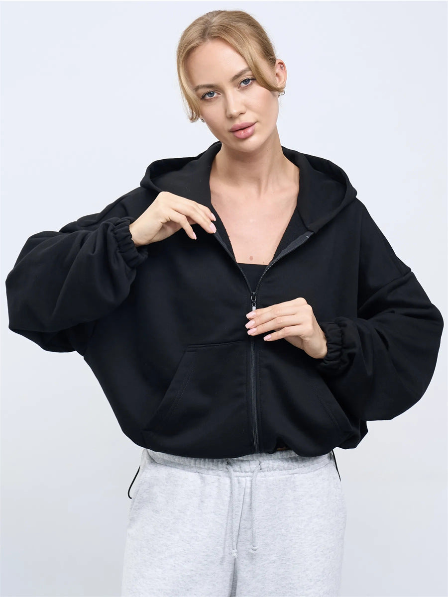 Damen legeres Cropped-Fleece-Hoodie mit Tunnelzugbund, Raglanärmeln und Reißverschluss Shop Nory