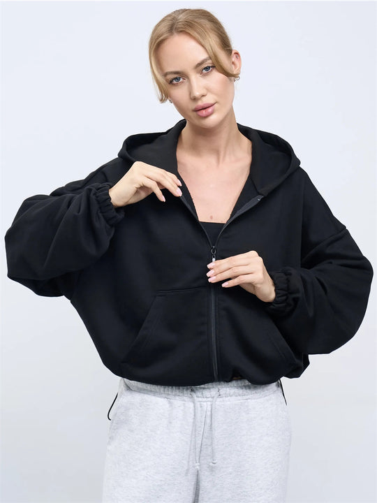 Damen legeres Cropped-Fleece-Hoodie mit Tunnelzugbund, Raglanärmeln und Reißverschluss Shop Nory