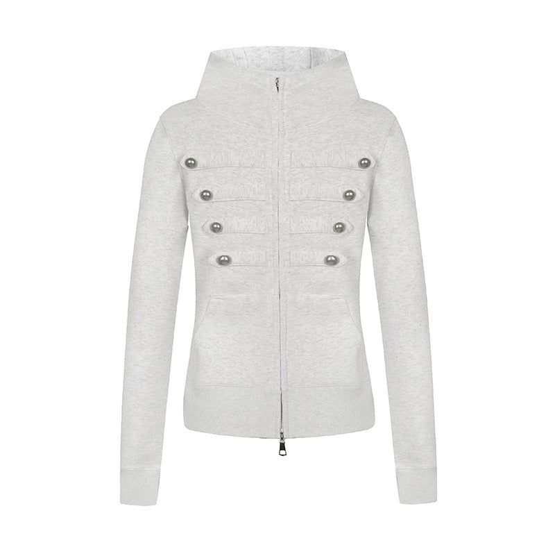 Damen Kapuzen-Sweatjacke im Military-Style mit Stehkragen, Zierriegeln und durchgehendem Reißverschluss Shop Nory