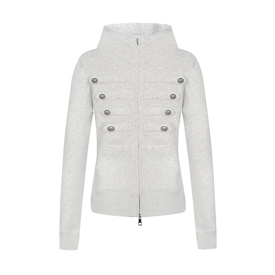 Damen Kapuzen-Sweatjacke im Military-Style mit Stehkragen, Zierriegeln und durchgehendem Reißverschluss Shop Nory